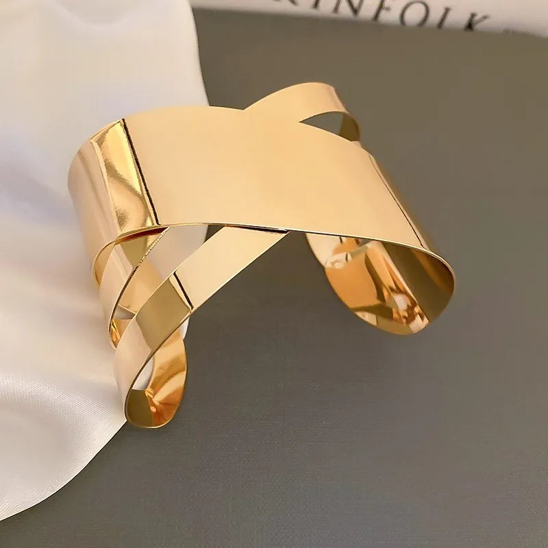 Exaggerated Golden Wide Hand Bracelet Punk Smooth Irregular Geometric Open Cuff Bangles for Women Men Wristband Jwelry Gifts