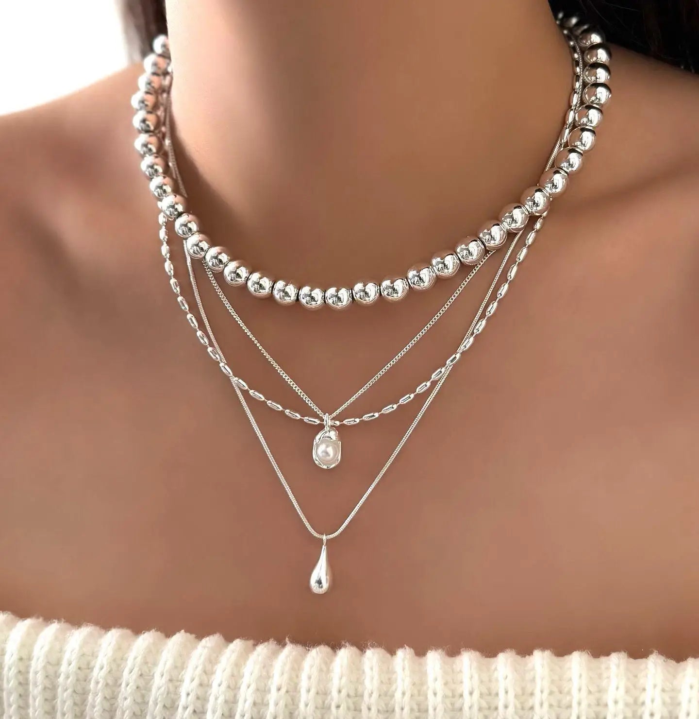 Layered Water Drop Pendant Necklace - Stackable Beaded Chain