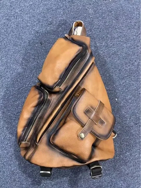 New Fashion Men's Leather Single Shoulder Backpack Real Cowskin Chest Bag Crossbody Bag Backpacks For Man Male Anti Theft Men
