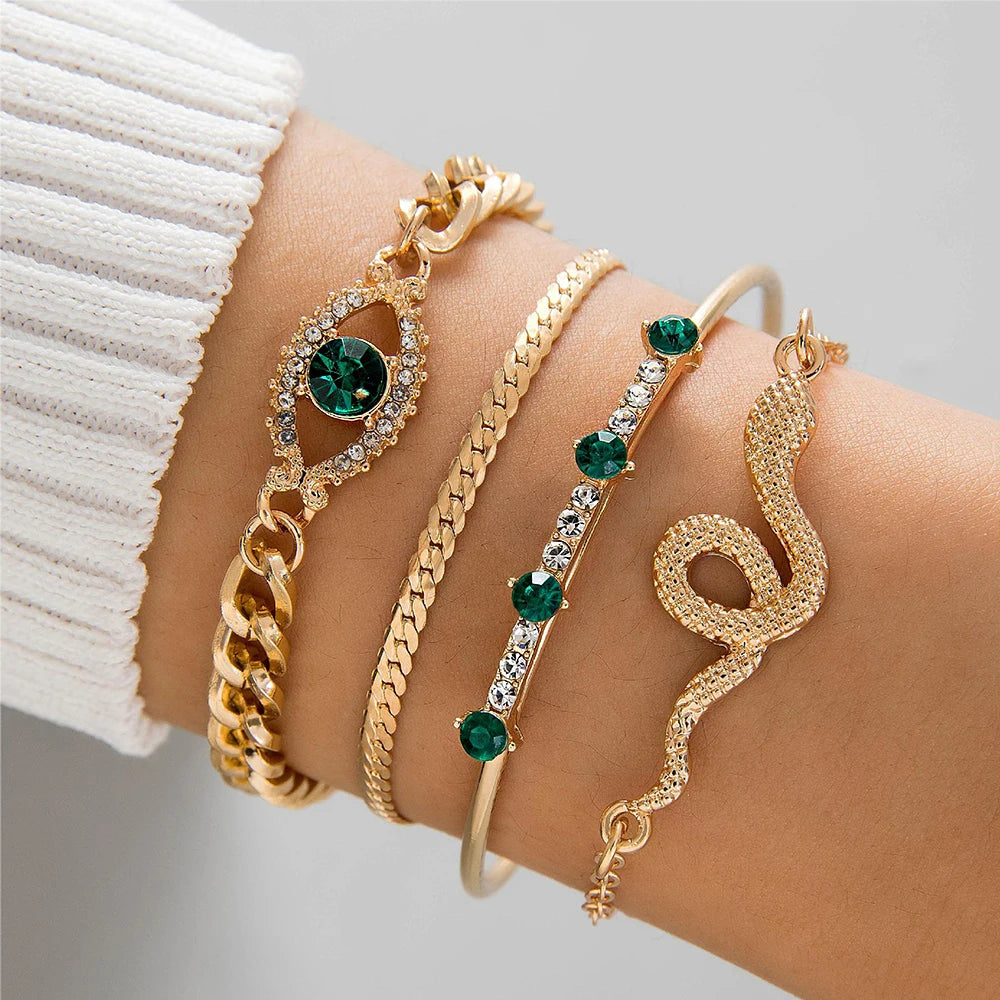 4PCS/Set Fashionable Snake Imitation Gemstone Bangle Rhinestone Full Metal Bracelet Set for W