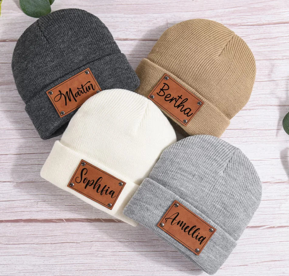 Personalized Beanie Hats with Leather Patch, Unisex
