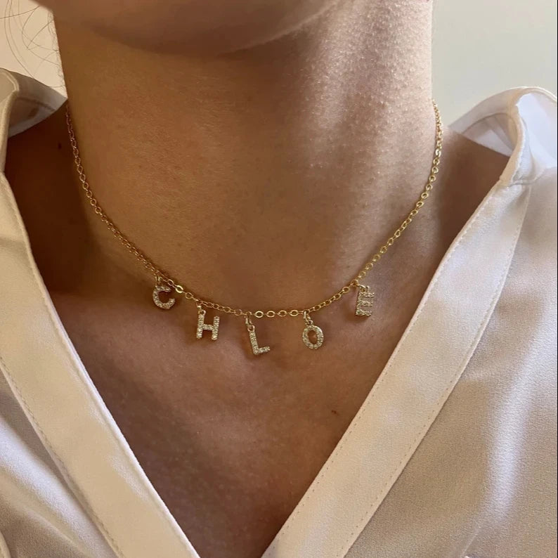SUNIBI Customized Name Necklace Personalized Zircon Letter Stainless Steel Choker Necklace Pendant Nameplate Gift