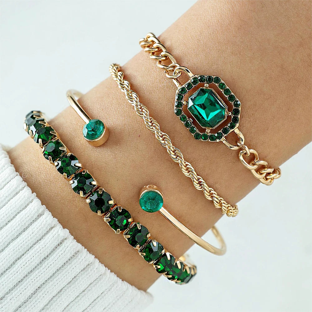 4PCS/Set Fashionable Snake Imitation Gemstone Bangle Rhinestone Full Metal Bracelet Set for W