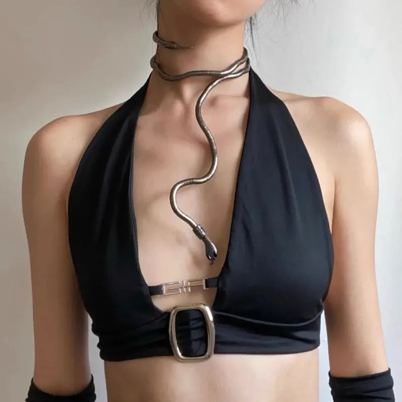 Adjustable Multilayer Metal Alloy Gold Black Color Cool Bendy Long Snake Chokers