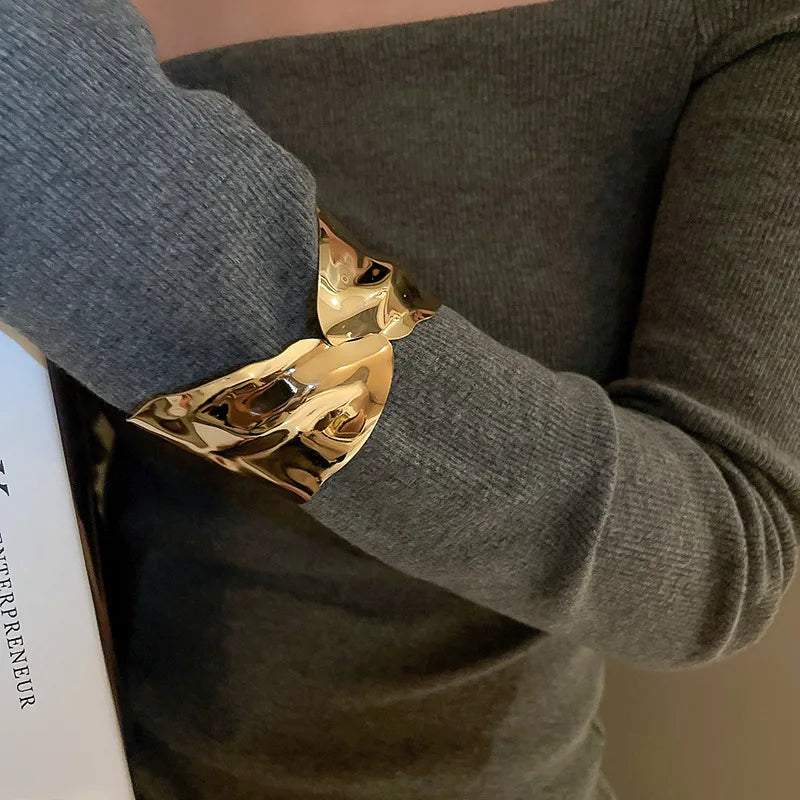 Exaggerated Golden Wide Hand Bracelet Punk Smooth Irregular Geometric Open Cuff Bangles for Women Men Wristband Jwelry Gifts