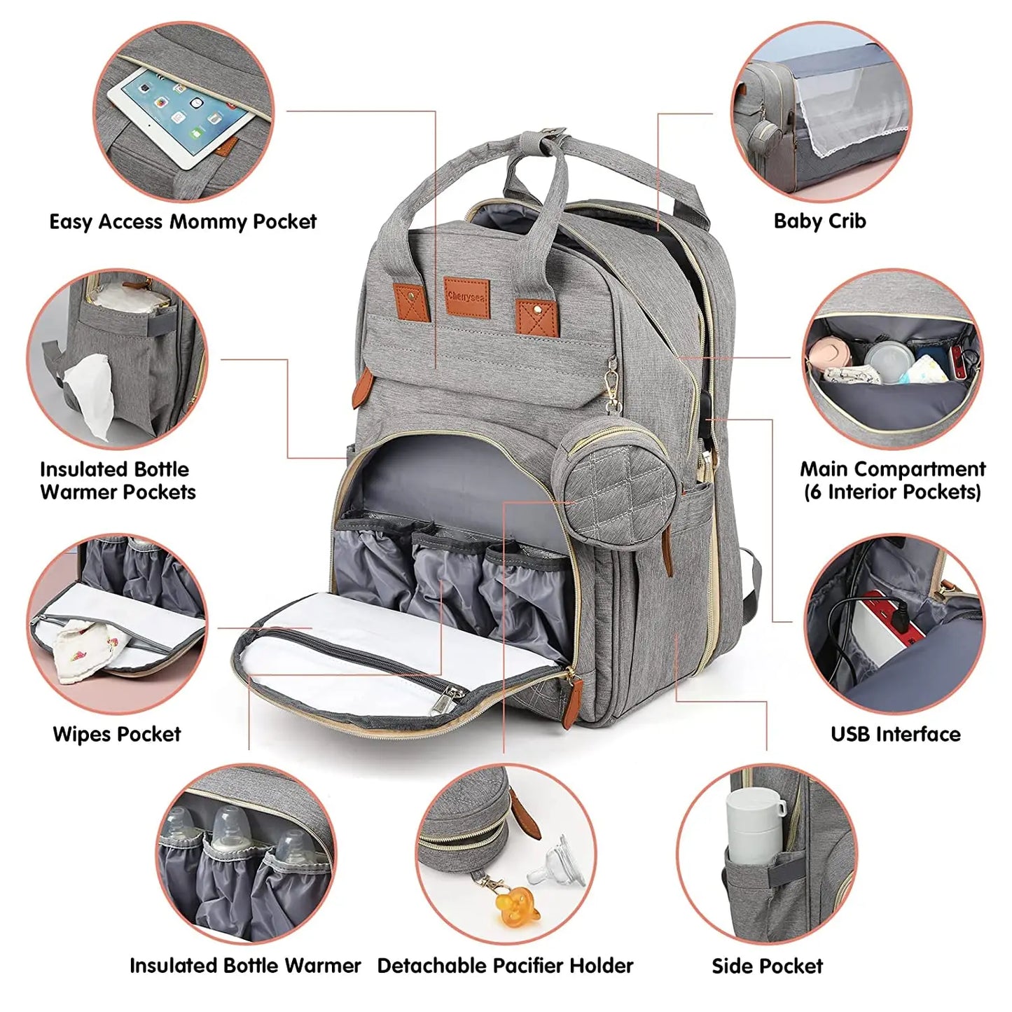 3 In 1 Diaper Bag Backpack Foldable Baby Bed Waterproof Travel Bag with USB Charge