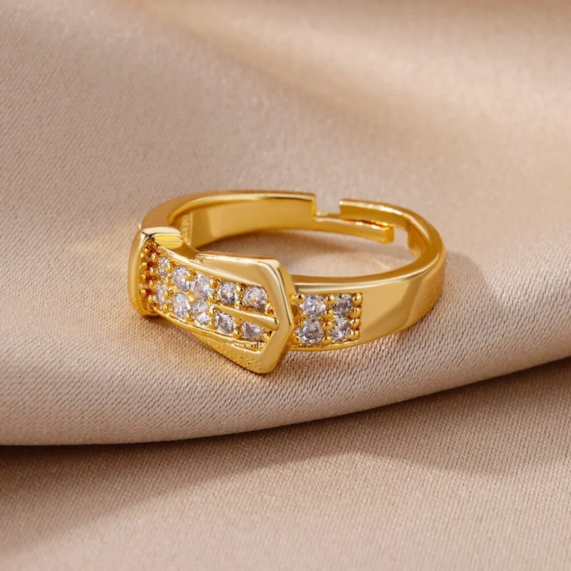 Adjustable Chic Gold Color Buckle Shaped Ring With Sparkling Zircona - BeeBeeBuys