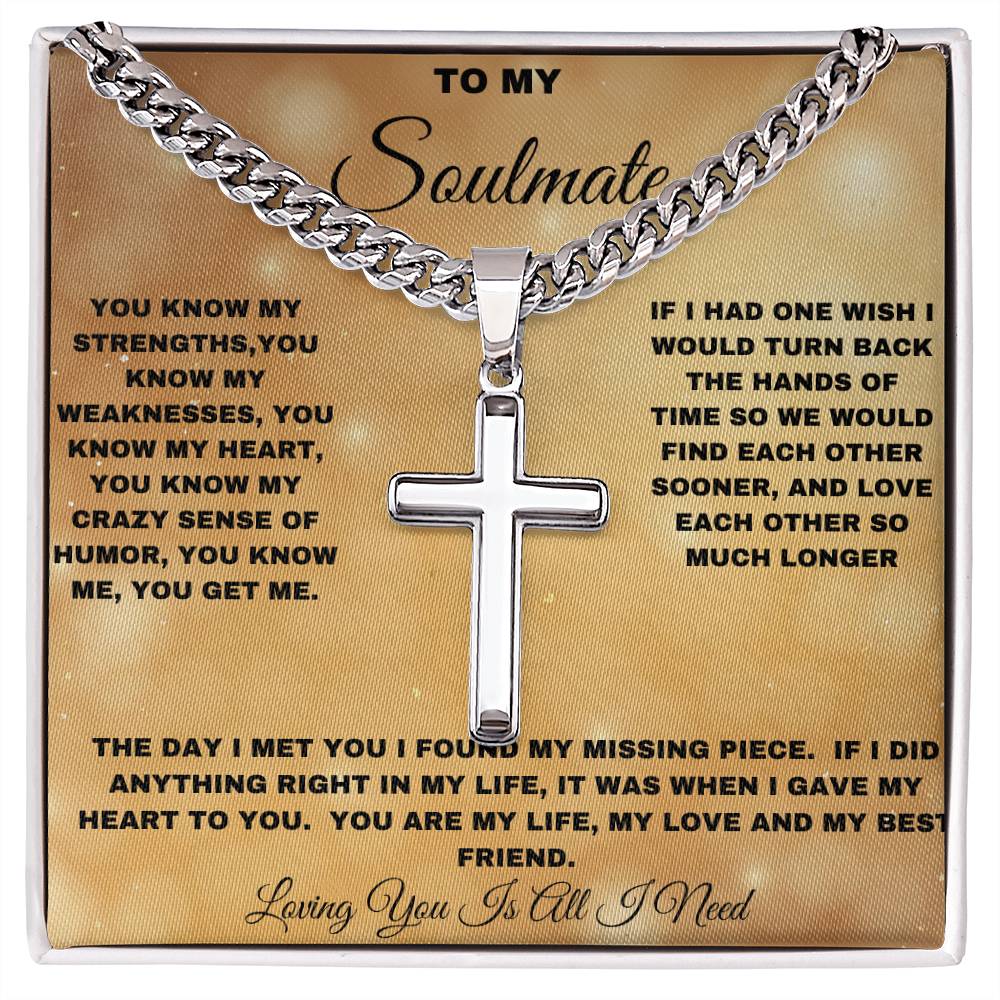 To My Soulmate Cross Necklace, Stainless Steel Cuban Chain Necklace