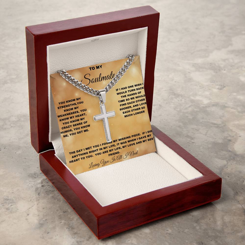 To My Soulmate Cross Necklace, Stainless Steel Cuban Chain Necklace