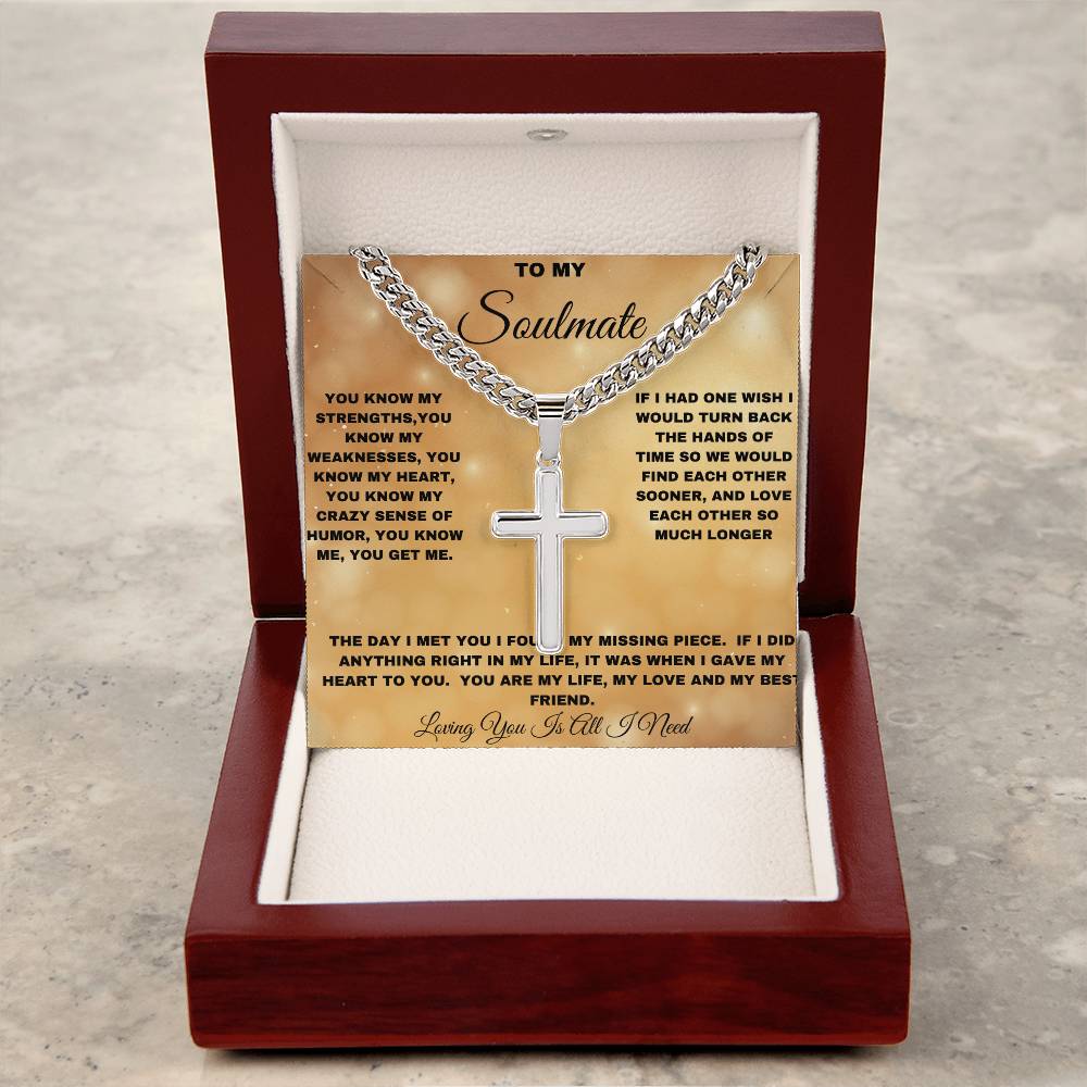 To My Soulmate Cross Necklace, Stainless Steel Cuban Chain Necklace