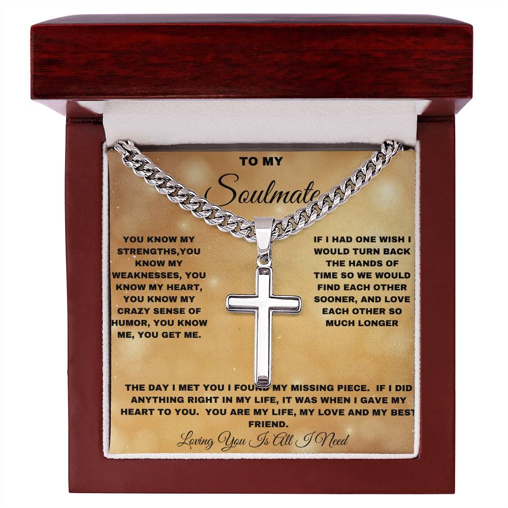 To My Soulmate Cross Necklace, Stainless Steel Cuban Chain Necklace