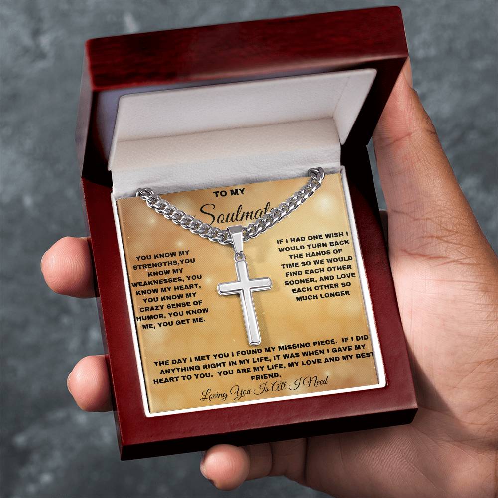 To My Soulmate Cross Necklace, Stainless Steel Cuban Chain Necklace