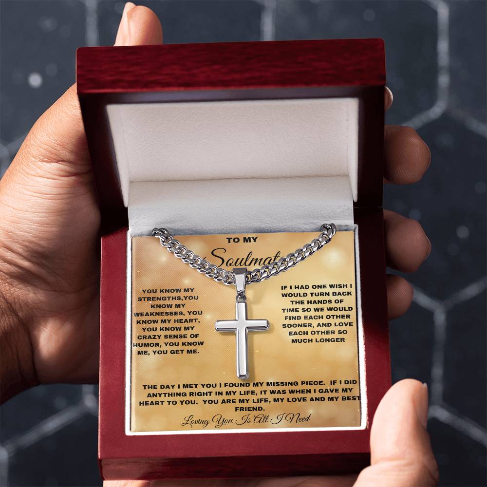 To My Soulmate Cross Necklace, Stainless Steel Cuban Chain Necklace