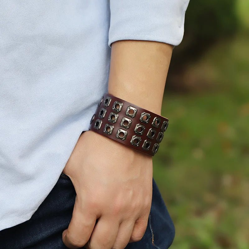 Retro Rivet Wide Genuine Leather Adjustable Bracelets - Buy One Get One Free 🔥 - BeeBeeBuys