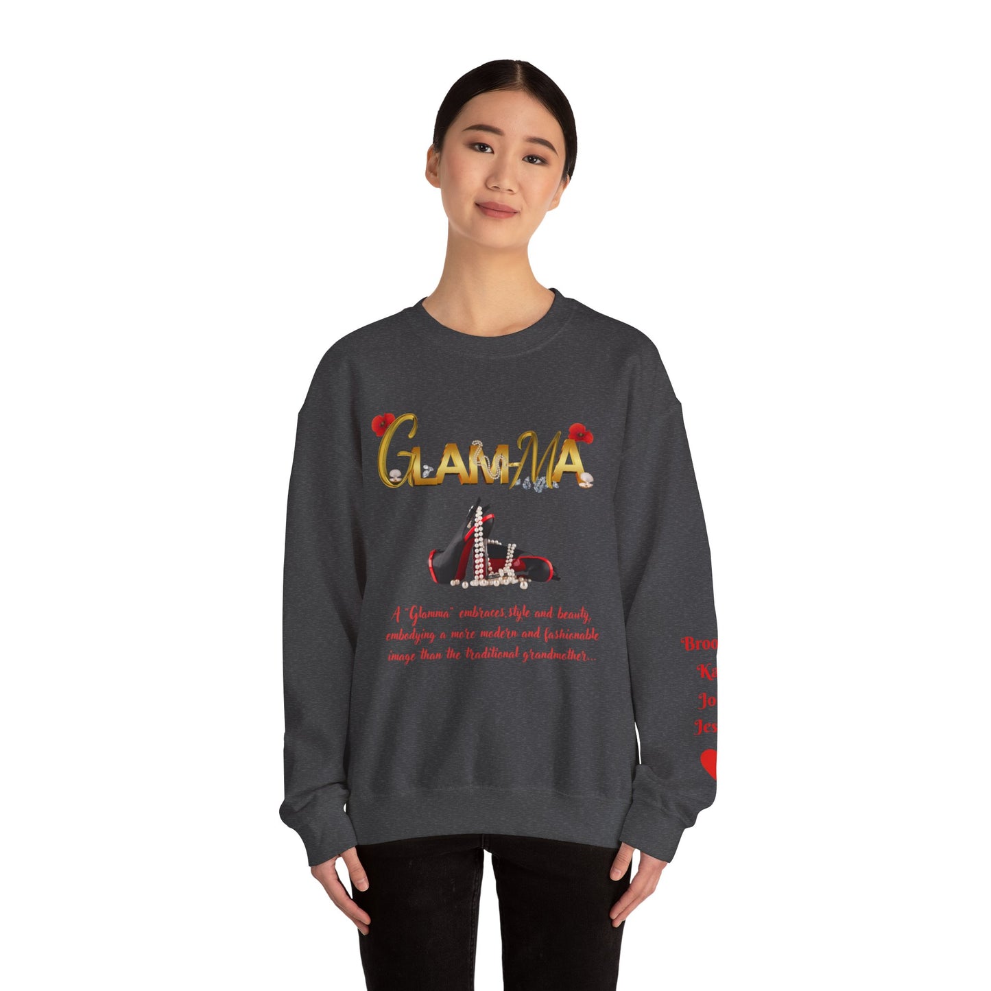 Glamma Graphic Sweatshirt – 'GLAMMA' Gold Script with Heels & Red Heart Sleeve Design