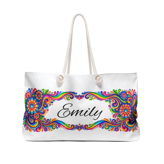 Personalized Floral Weekender Bag – Colorful Boho Tote with Name (Emily)