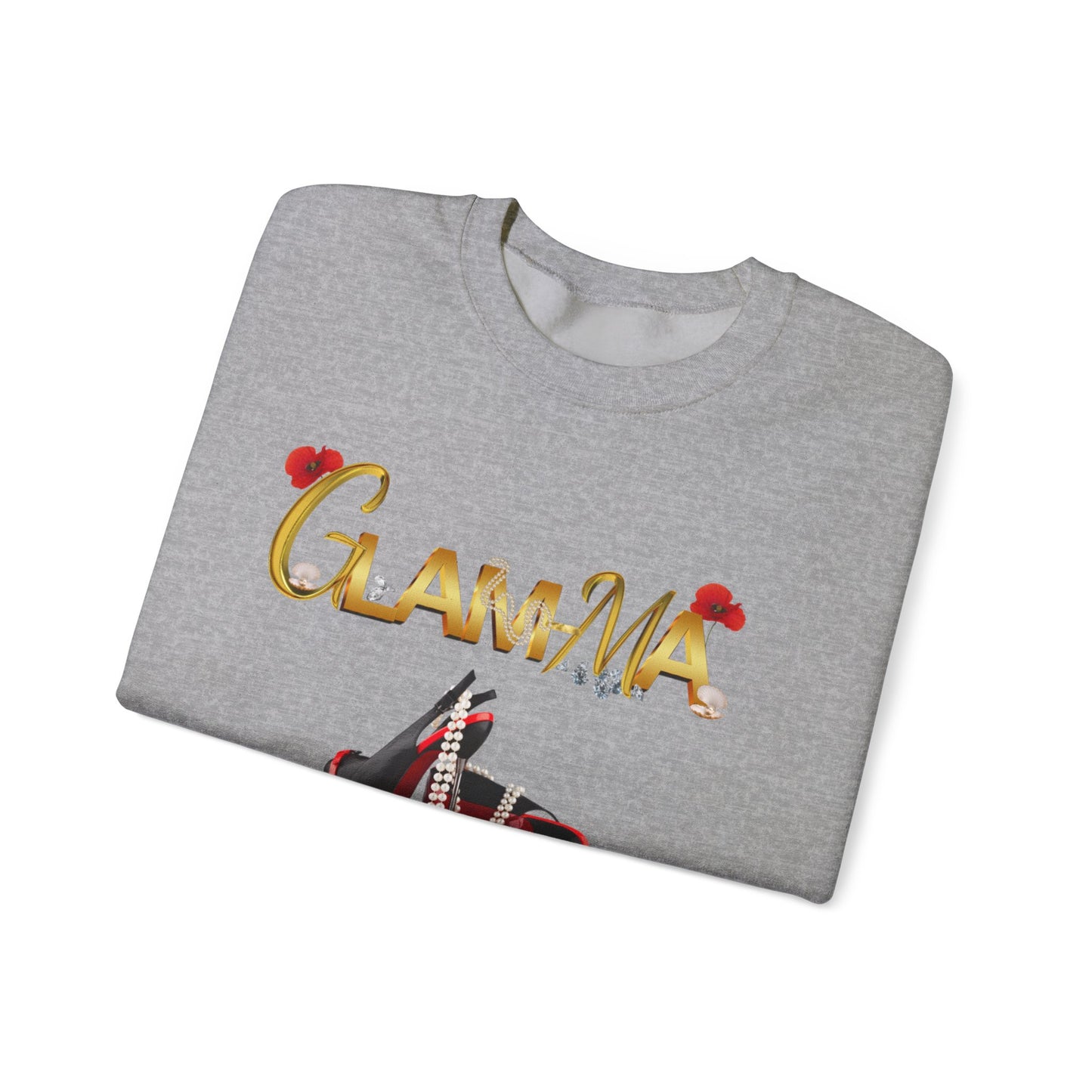 Glamma Graphic Sweatshirt – 'GLAMMA' Gold Script with Heels & Red Heart Sleeve Design