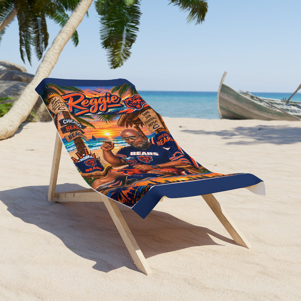 Copy of Copy of Personalized 'Reggie' Sunset Beach Towel — Miami Skyline, Palm Vibes & 'Higher Thoughts' Quote