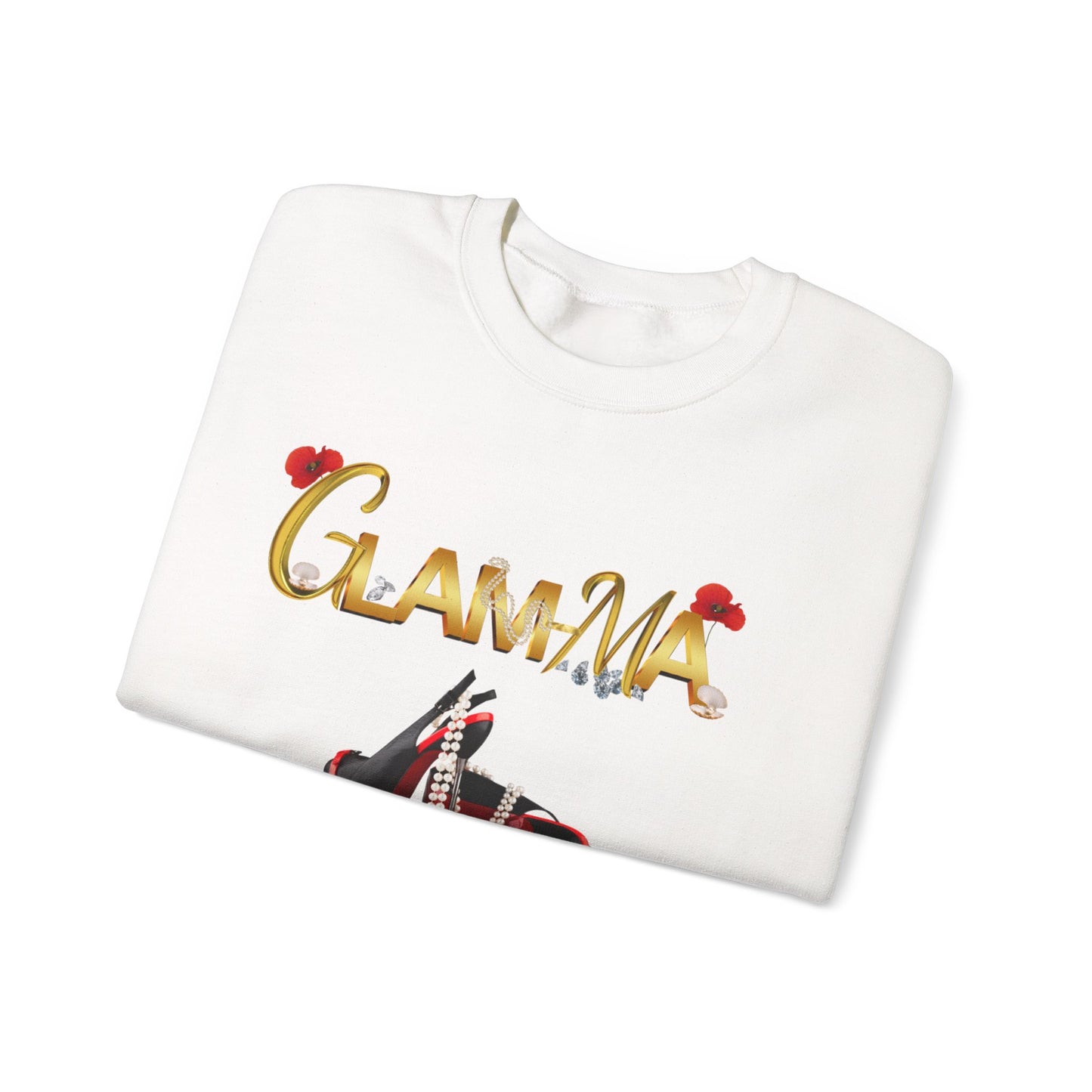 Glamma Graphic Sweatshirt – 'GLAMMA' Gold Script with Heels & Red Heart Sleeve Design