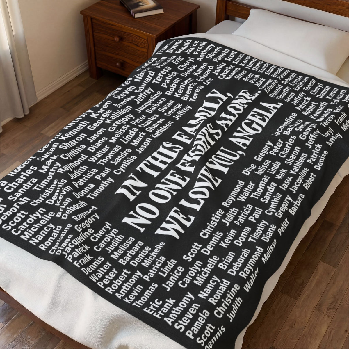 Personalized Memorial Family Names Throw -  (“In This Family No One Fights Alone, We Love You, Angel”)