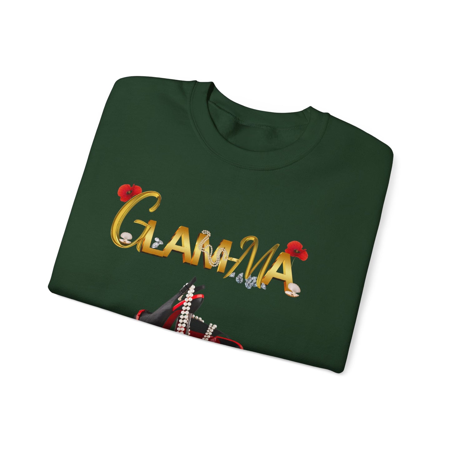 Glamma Graphic Sweatshirt – 'GLAMMA' Gold Script with Heels & Red Heart Sleeve Design
