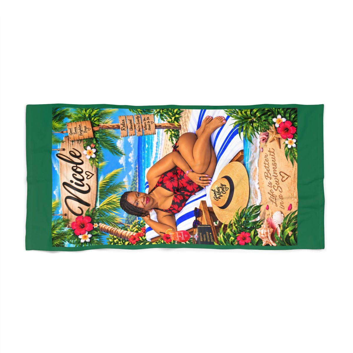 Personalized Tropical Beach Towel — "Nicole" Custom Name Luau Design