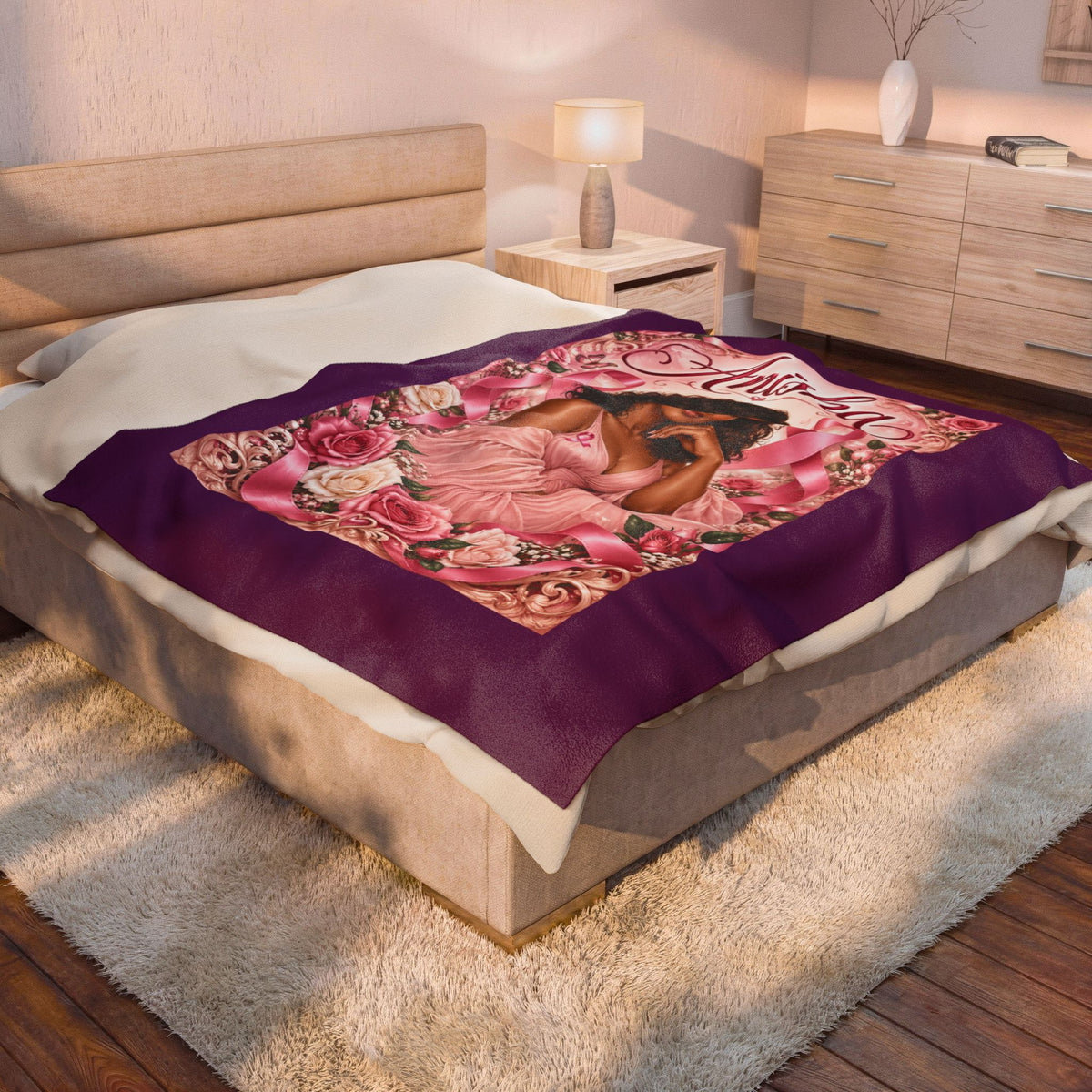 Personalized Breast Cancer Awareness Velveteen Plush Blanket — 'Anisha' Pink Ribbon Design