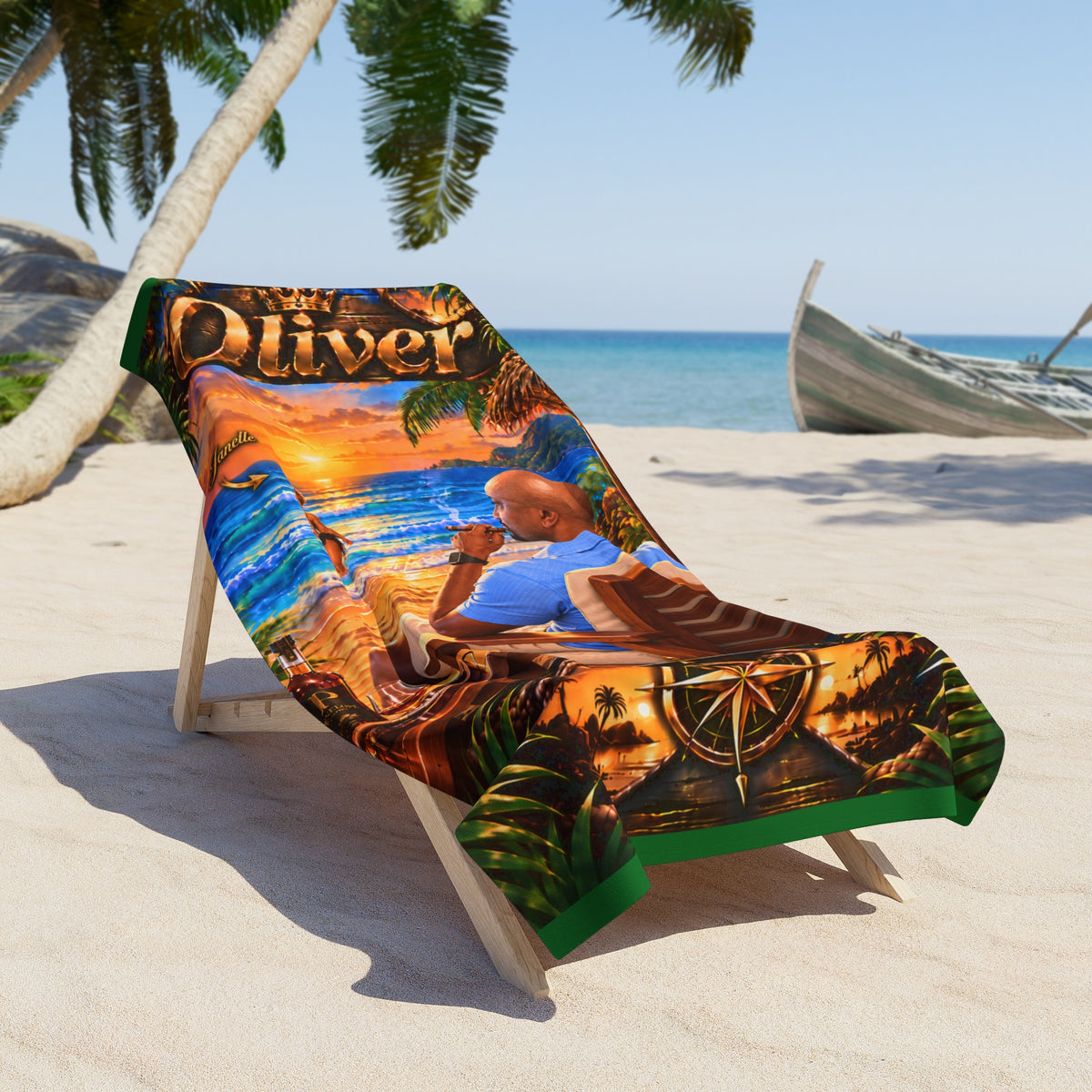 Beach Towel - Personalized Tropical Sunset Design (Name: Oliver)