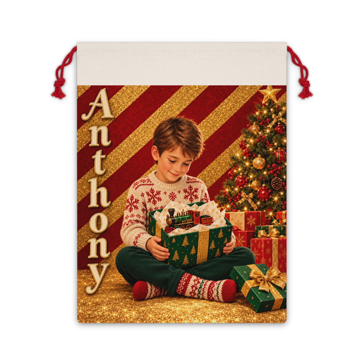 Personalized Christmas Gift Bag with Animated Likeness & Name – Custom Santa Sack for Family Holiday Gifts