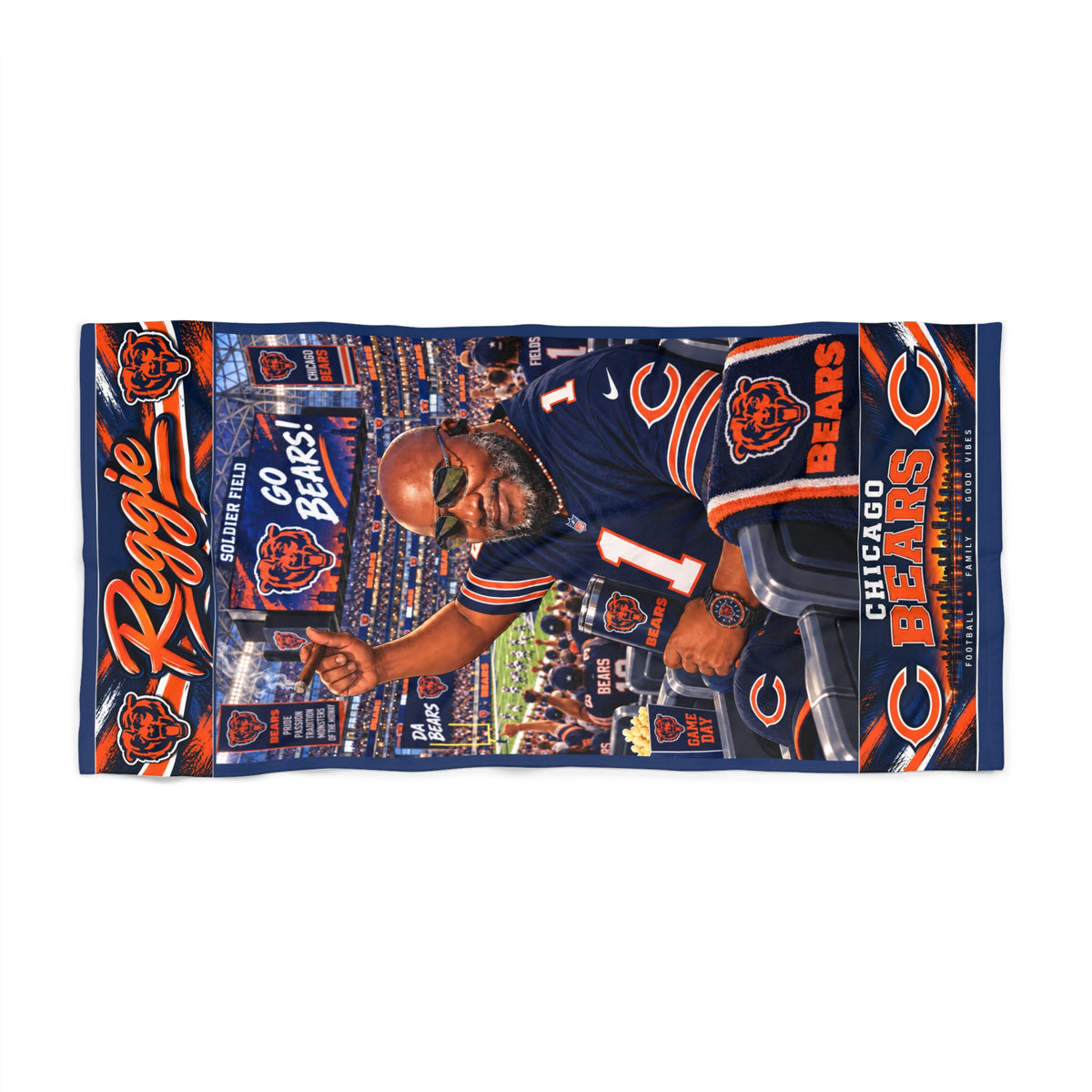 Copy of Personalized 'Reggie' Sunset Beach Towel — Miami Skyline, Palm Vibes & 'Higher Thoughts' Quote