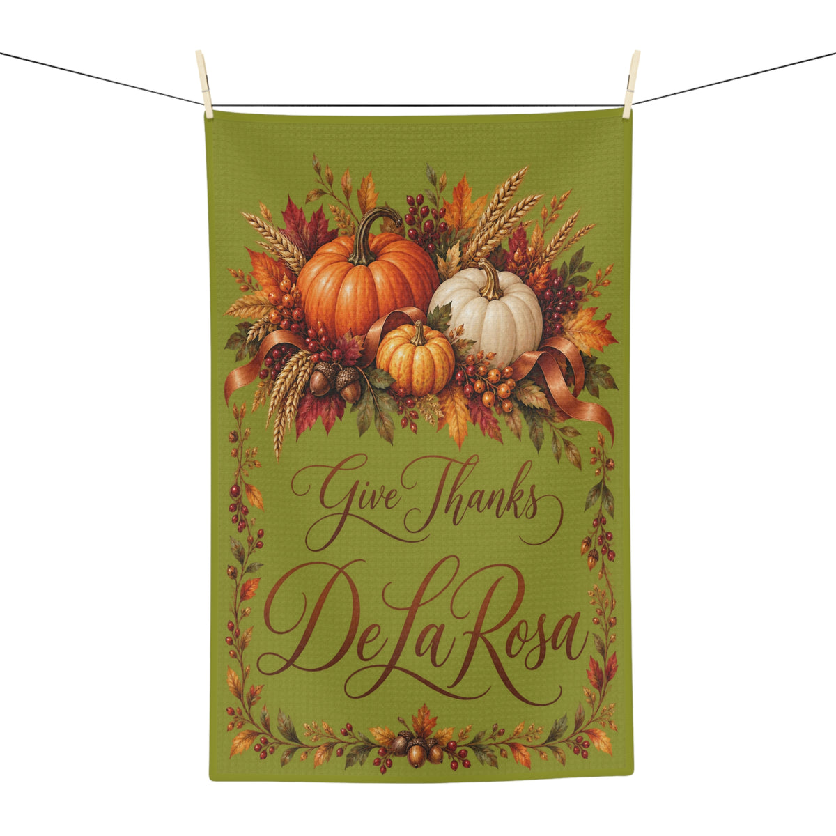 Give Thanks "Family Name" Thanksgiving Pumpkin Microfiber Tea Towel