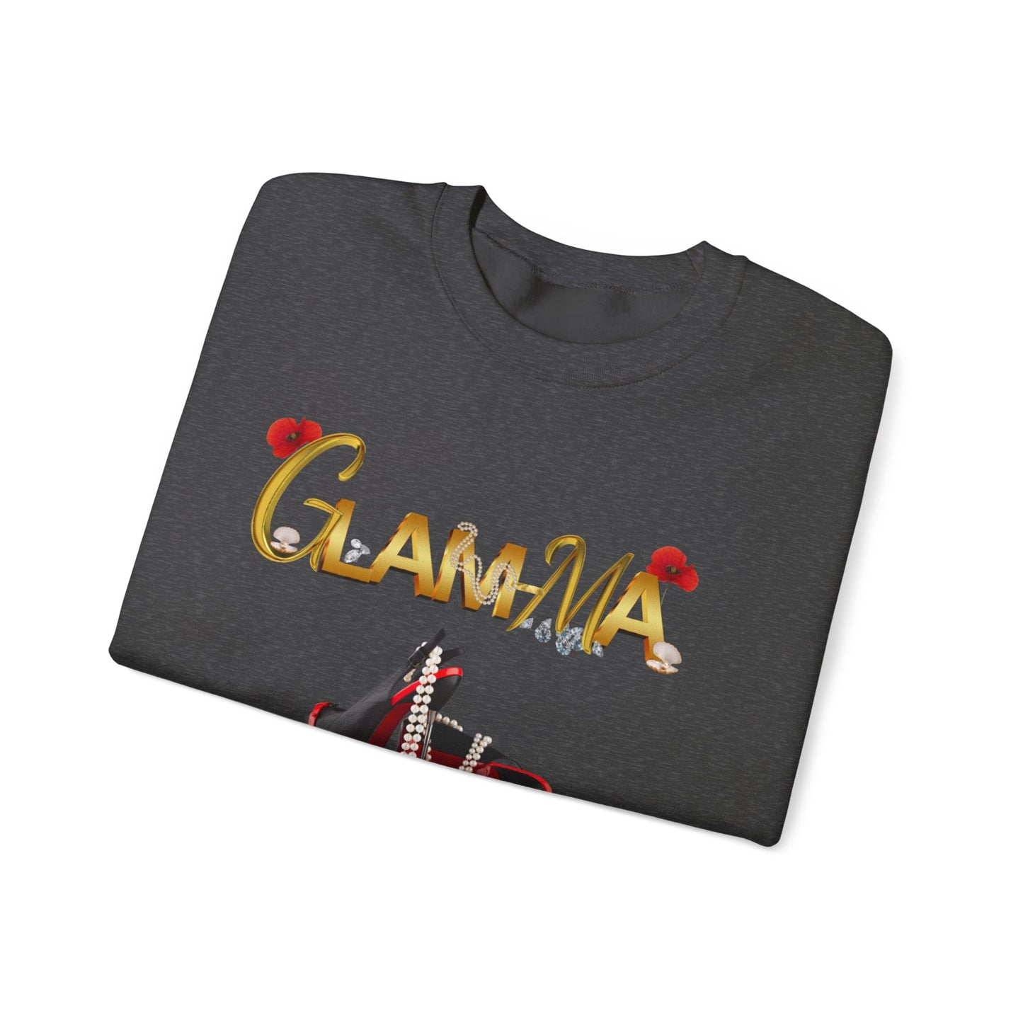 Glamma Graphic Sweatshirt – 'GLAMMA' Gold Script with Heels & Red Heart Sleeve Design