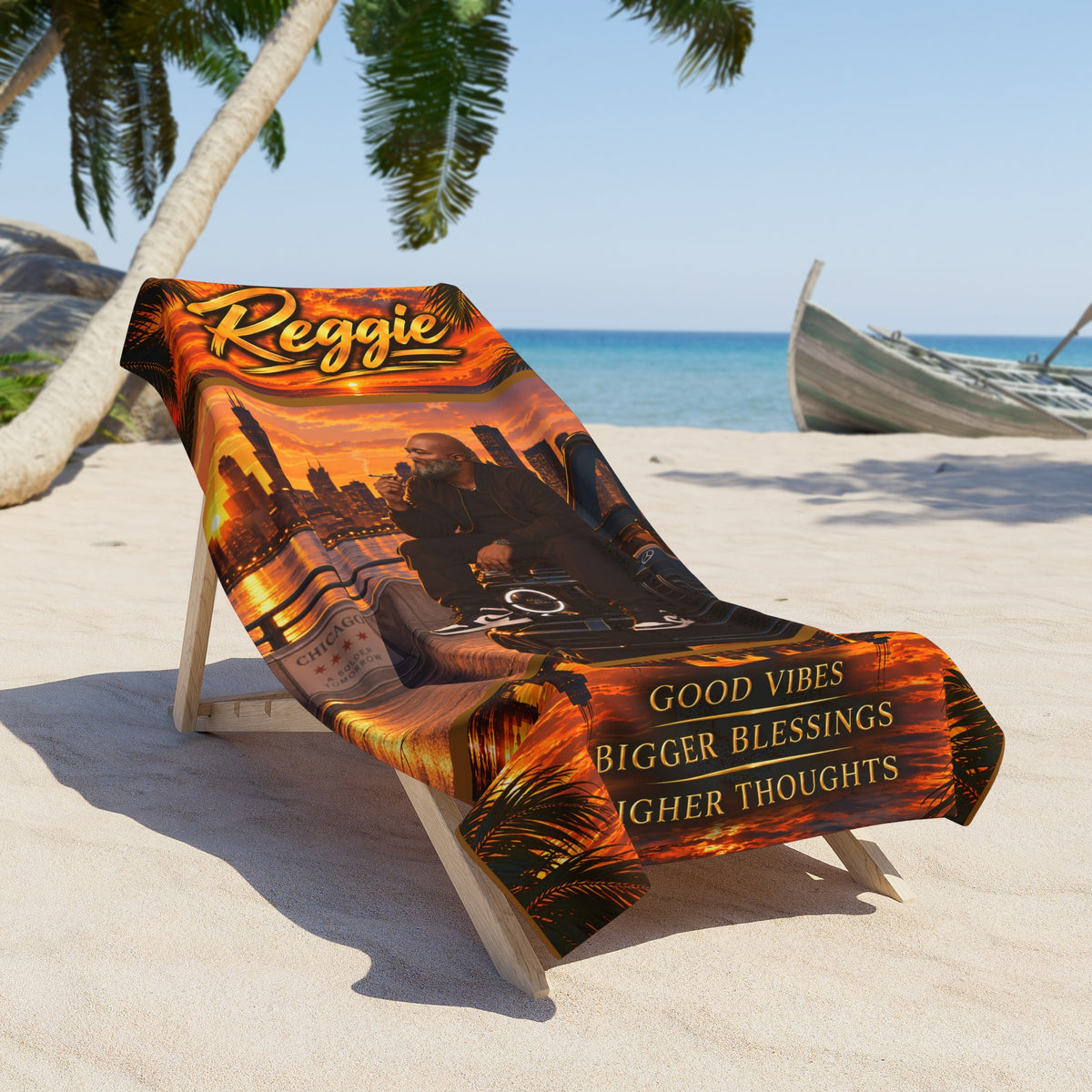Personalized 'Reggie' Sunset Beach Towel — Miami Skyline, Palm Vibes & 'Higher Thoughts' Quote