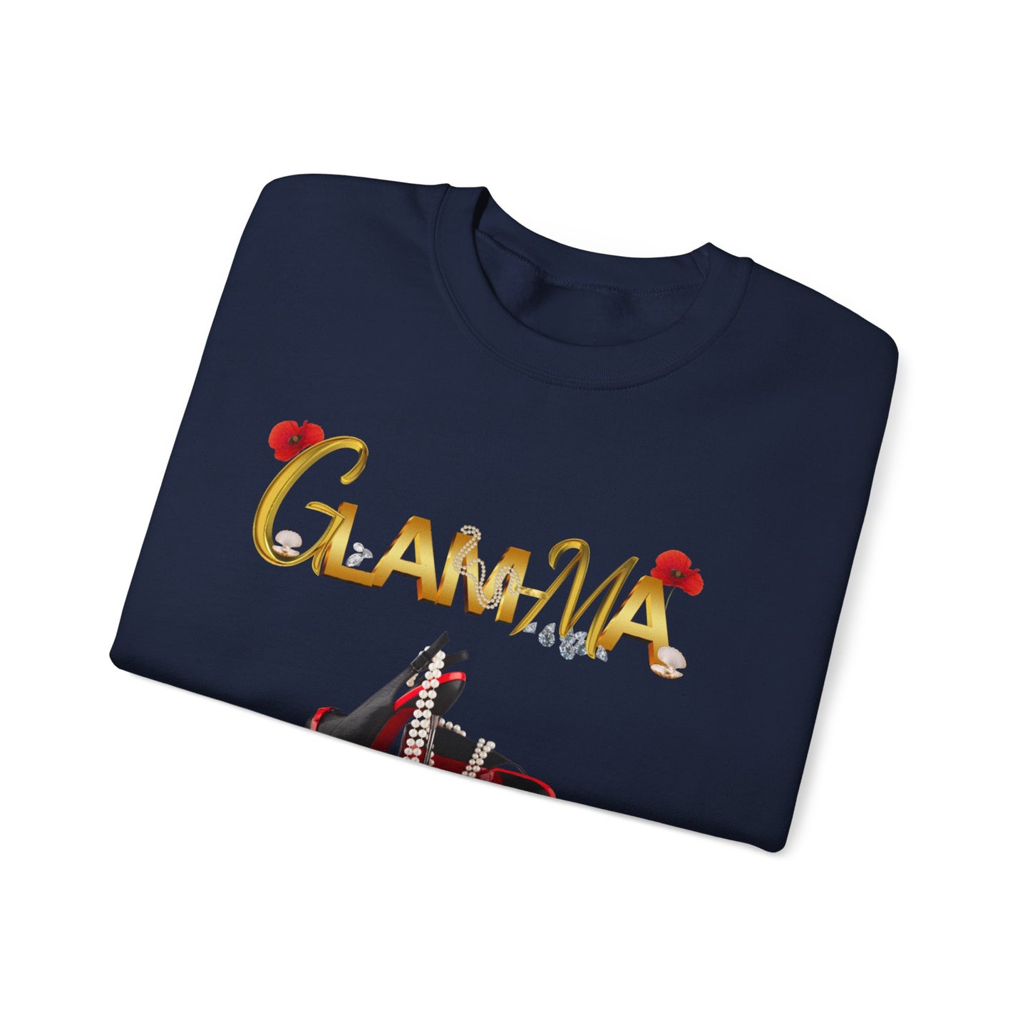 Glamma Graphic Sweatshirt – 'GLAMMA' Gold Script with Heels & Red Heart Sleeve Design