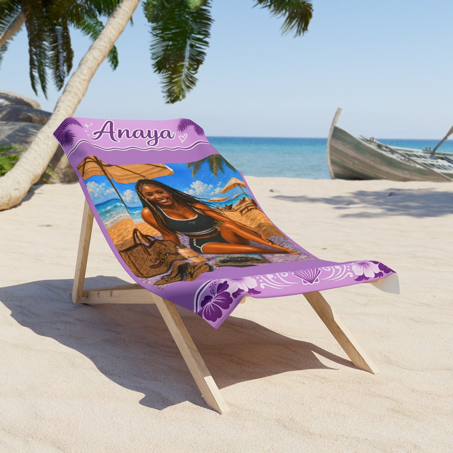 Beach Towel — Tropical Beach Scene with Teen in Swimsuit, Purple Border