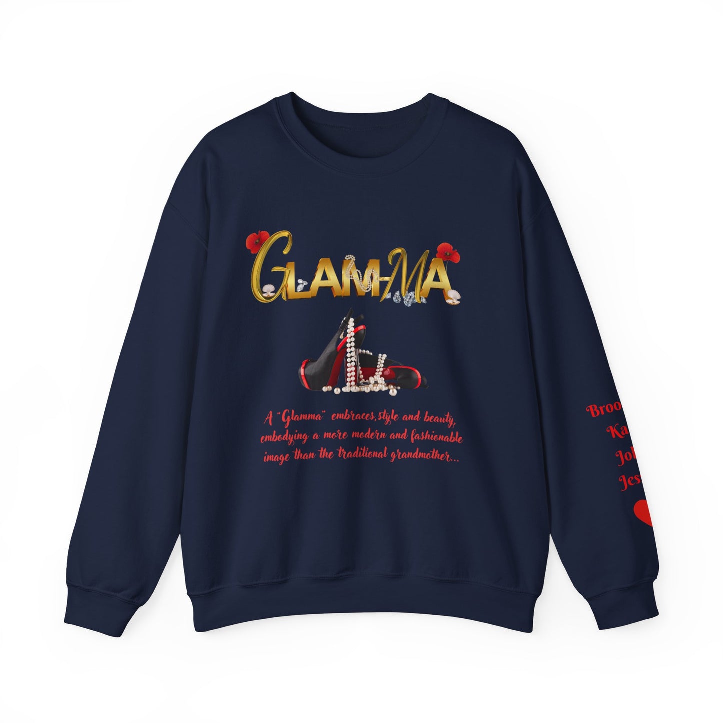 Glamma Graphic Sweatshirt – 'GLAMMA' Gold Script with Heels & Red Heart Sleeve Design