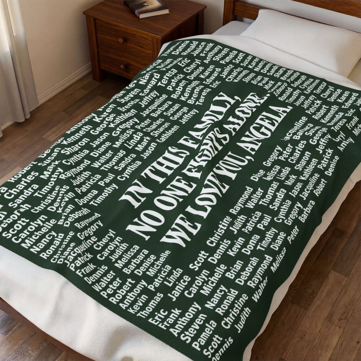 Personalized Memorial Family Names Throw -  (“In This Family No One Fights Alone, We Love You, Angel”)