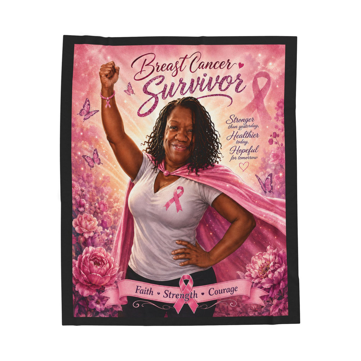 Breast Cancer Survivor Velveteen Plush Blanket – Faith Strength Courage Tribute