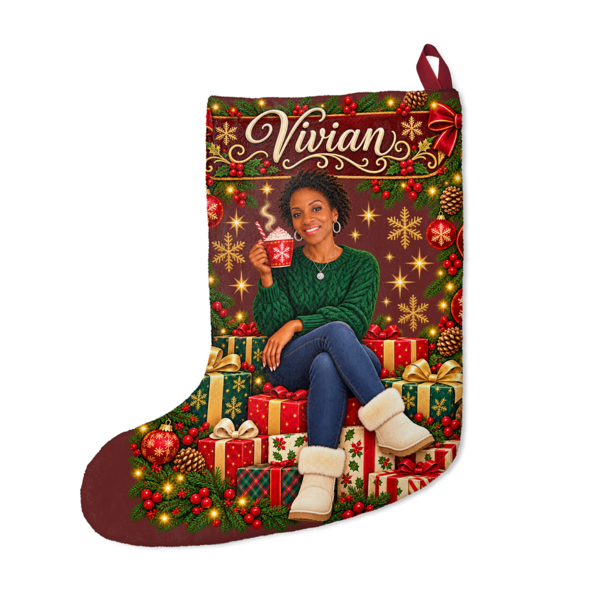Personalized Christmas Stocking – Custom Illustrated Likeness & Name - 8 Styles to choose from