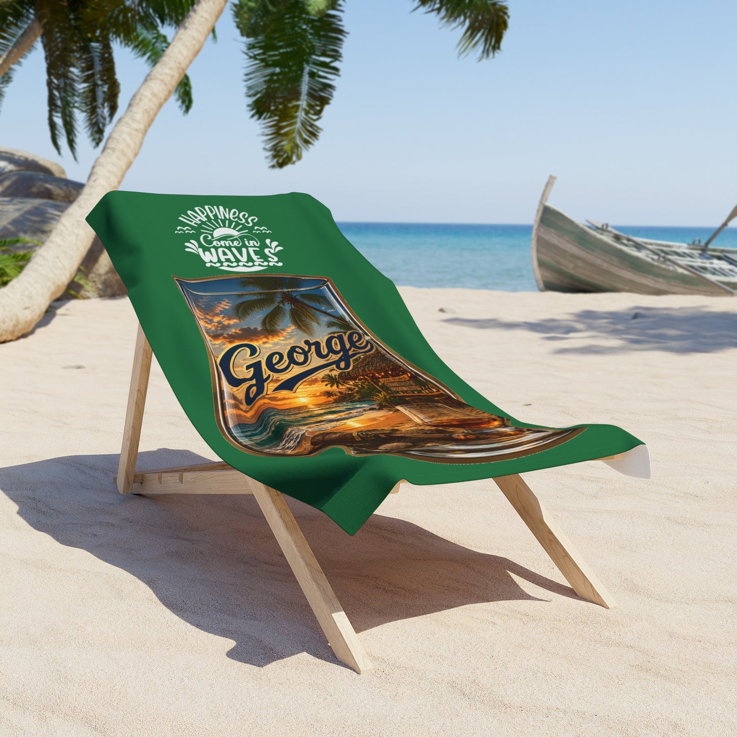 Personalized Beach Towel — Nautical Shell & Palm Design