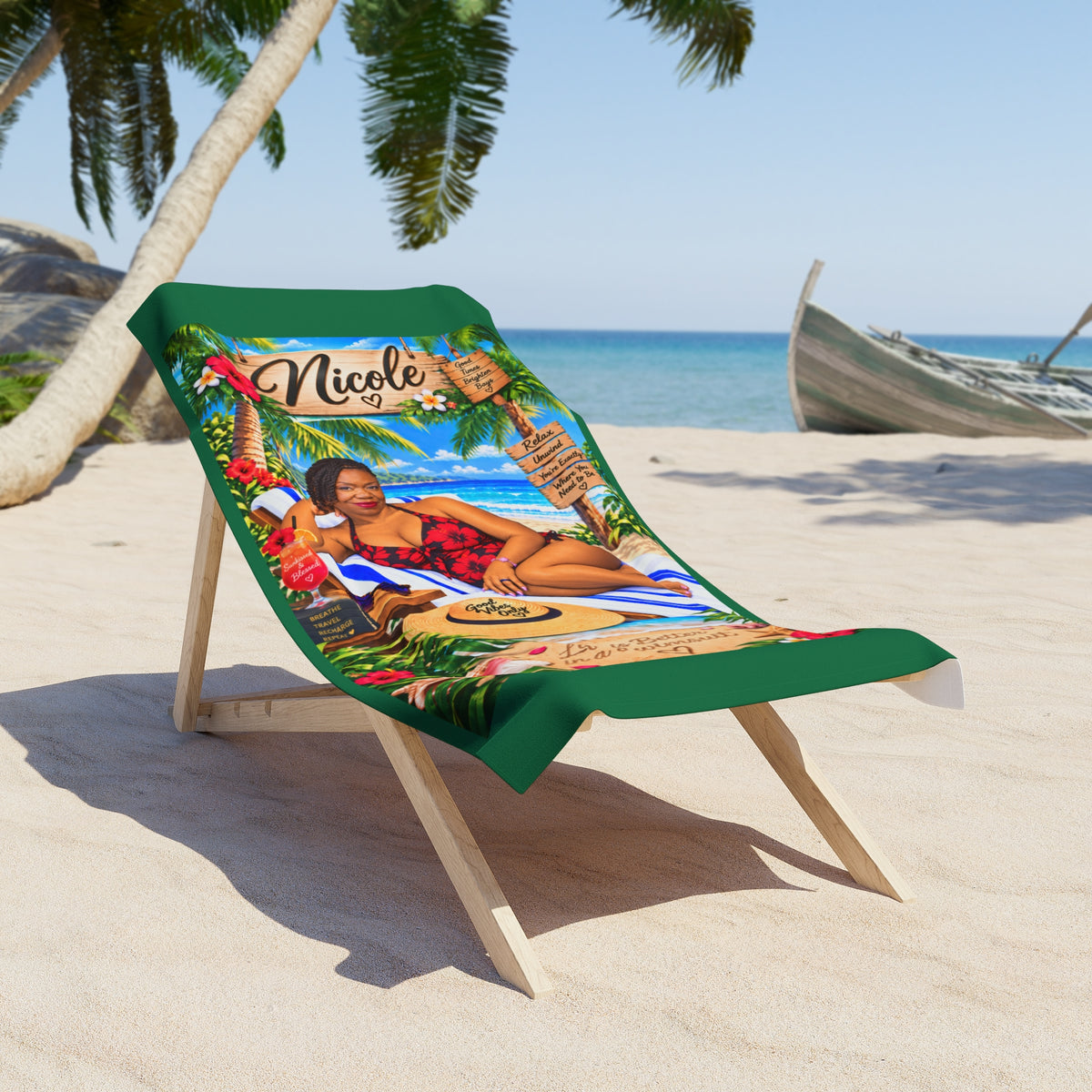 Personalized Tropical Beach Towel — "Nicole" Custom Name Luau Design