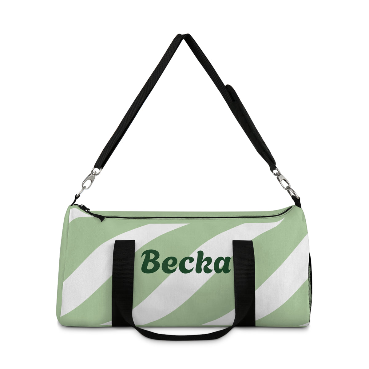 Personalized Green Stripe Duffel Bag — Custom Name "Becka"