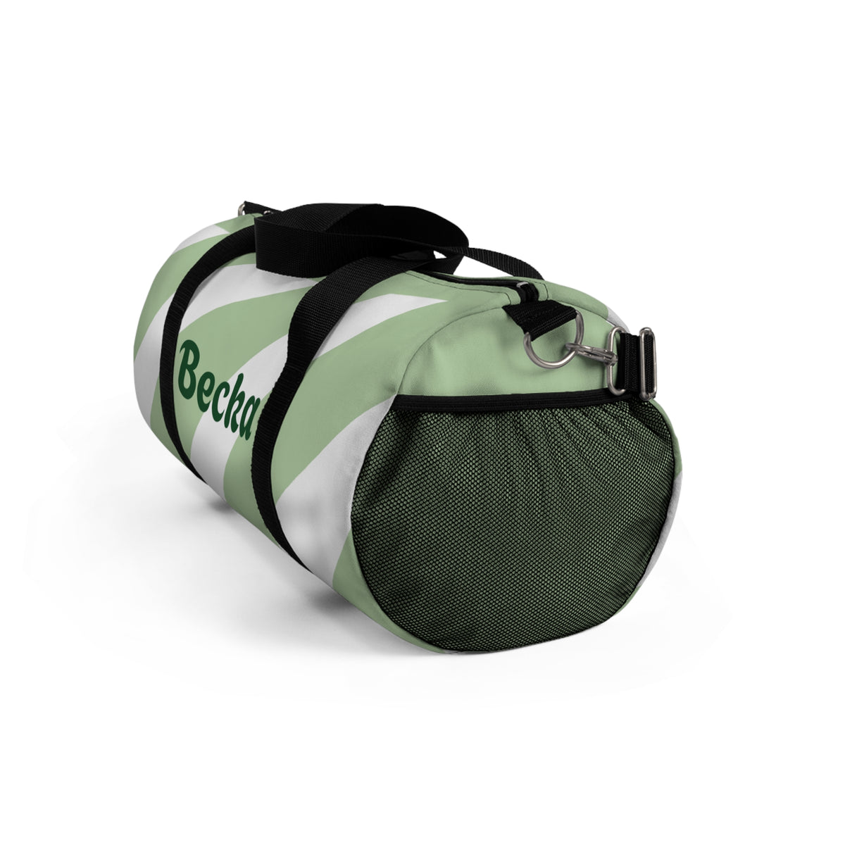 Personalized Green Stripe Duffel Bag — Custom Name "Becka"
