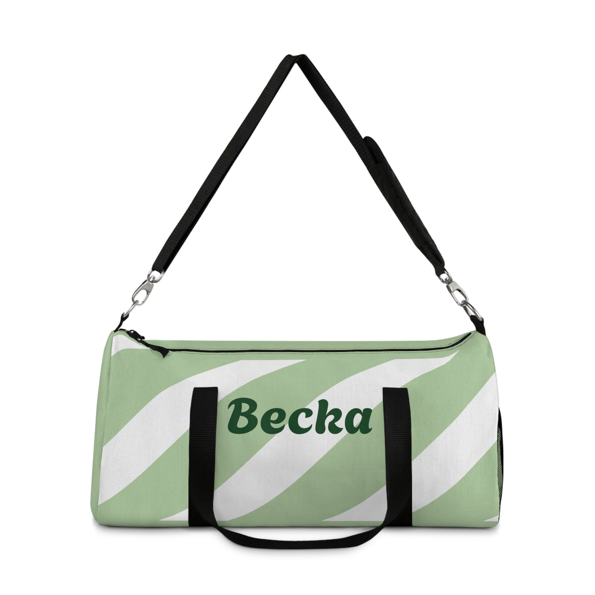 Personalized Green Stripe Duffel Bag — Custom Name "Becka"