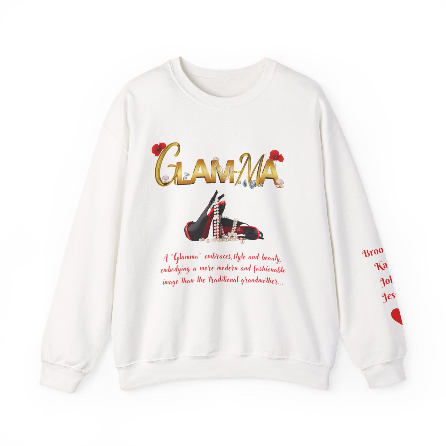 Glamma Graphic Sweatshirt – 'GLAMMA' Gold Script with Heels & Red Heart Sleeve Design