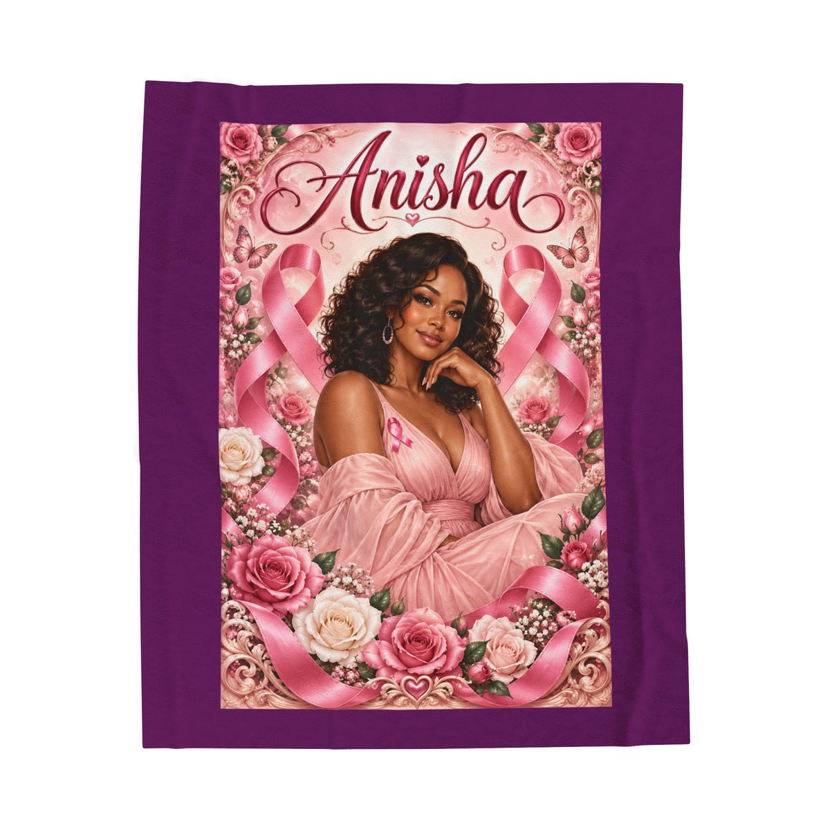 Personalized Breast Cancer Awareness Velveteen Plush Blanket — 'Anisha' Pink Ribbon Design