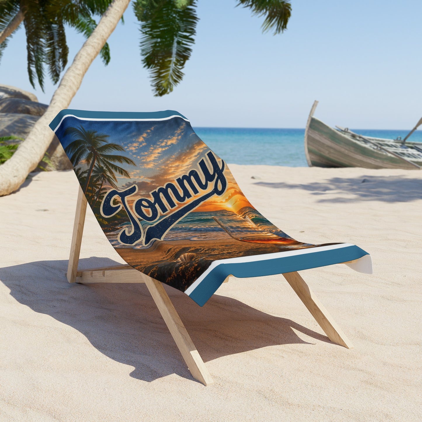 Personalized Man or Woman "with Name"Sunset Beach Towel – Tropical Palm & Cocktail Design