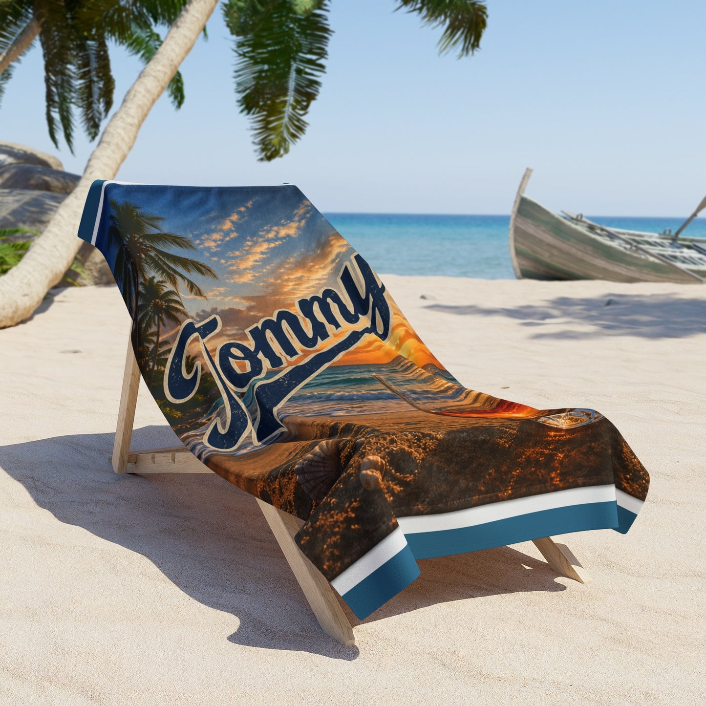 Personalized Man or Woman "with Name"Sunset Beach Towel – Tropical Palm & Cocktail Design