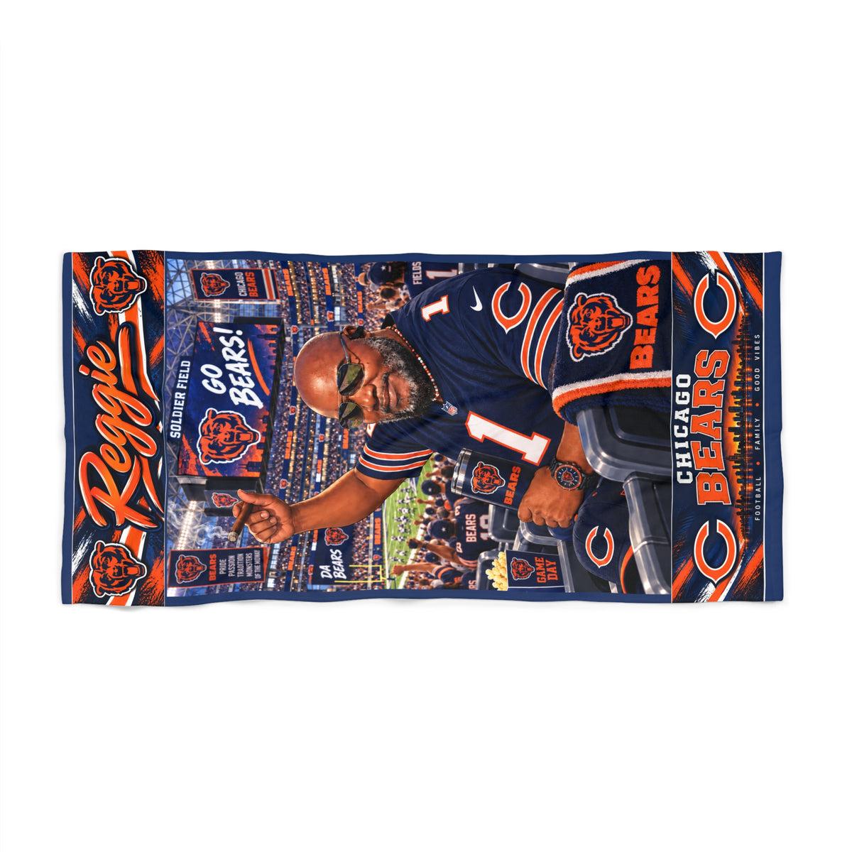 Copy of Personalized 'Reggie' Sunset Beach Towel — Miami Skyline, Palm Vibes & 'Higher Thoughts' Quote