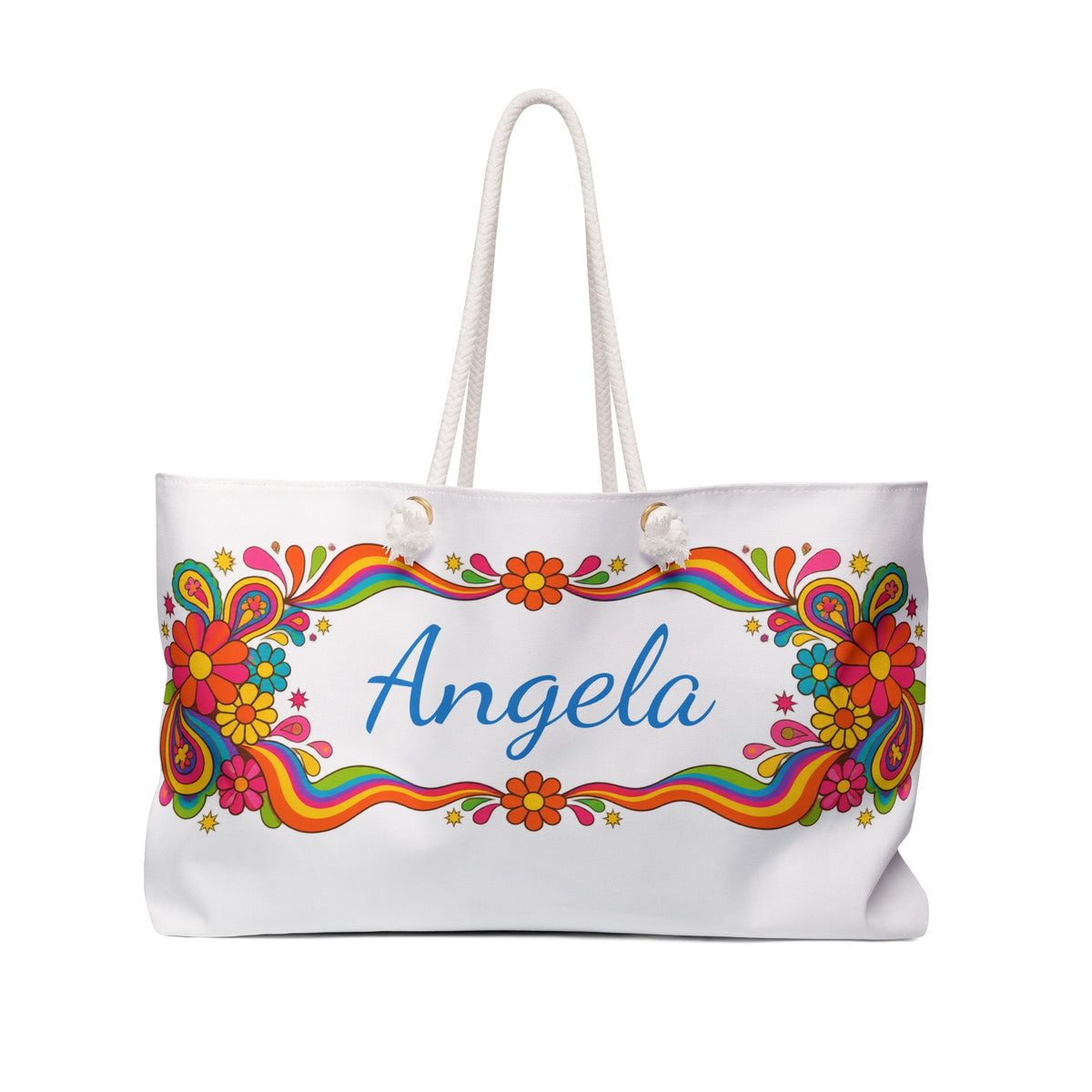 Personalized Floral Weekender Bag — Colorful Retro Flower Tote with Name (e.g., Angela)